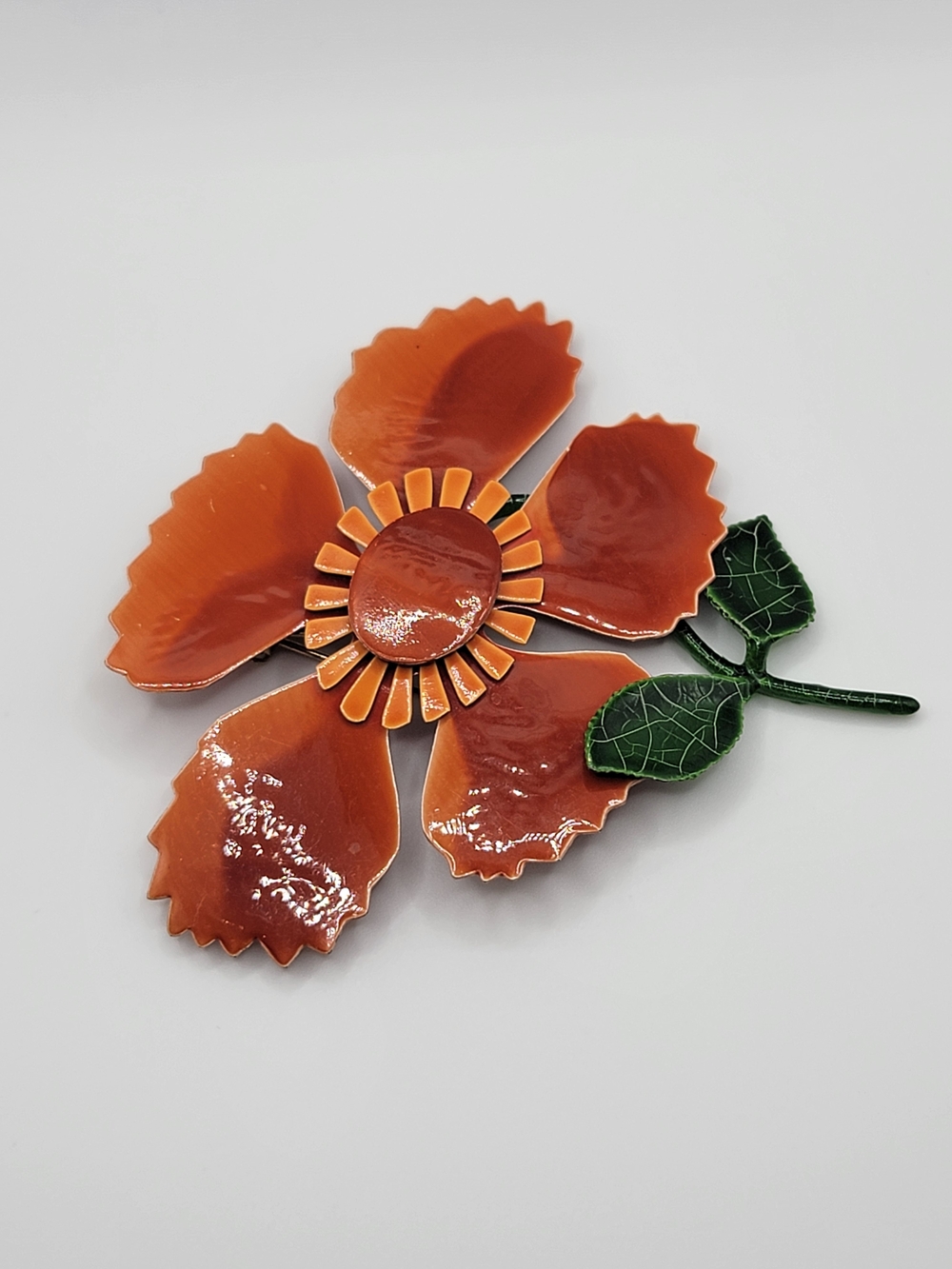 Vintage Orange Flower Brooch Green Leaves 3 Inch